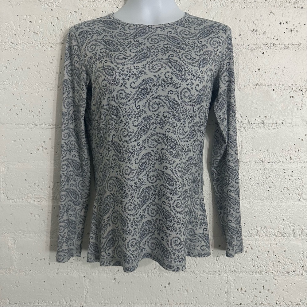 Lands End Womens Top S 6-8 Gray Blue Paisley Floral Long Sleeve Base Layer BJ4